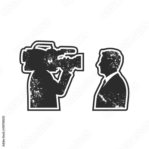 Journalist interviewing businessman with vintage camera silhouette