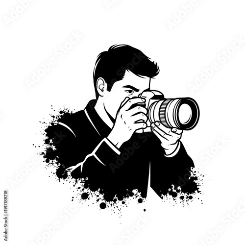 Male photographer holding DSLR camera, taking picture, black ink splash effect