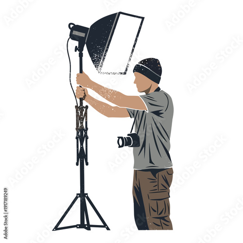 Photographer adjusts studio lighting equipment with camera around neck