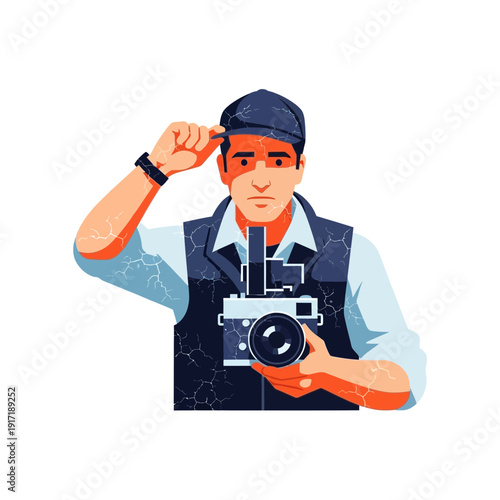 Photographer with camera, tipping hat, vector illustration