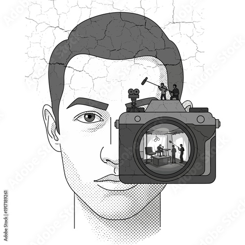 Filmmaking concept: tiny crew shooting inside man's eye replacing camera lens
