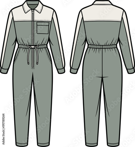 Front and Back View of Long Sleeve Utility Jumpsuit Technical Flat Sketch, Fashion Apparel Template with Drawstring Waist and Chest Pocket Design