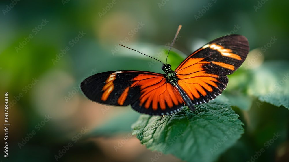 Obraz premium Vibrant Postman Butterfly Perched on a Green Leaf in a Lush Environment.