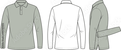 Long Sleeve Polo Shirt Technical Flat Sketch Template with Front Back and Side Views for Fashion Design, Apparel Mockup and Production Specification