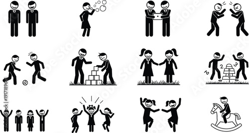 Children activity silhouette icon set featuring school kids playing fighting teamwork friendship jumping playground actions black vector illustration collection isolated