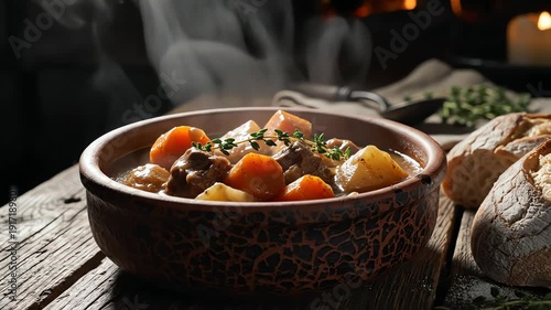 Steaming food bowl on wooden table close up culinary photography