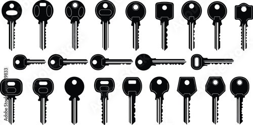 Collection of house key silhouettes icons set, locksmith security access keys shapes isolated vector illustration for safety lock design concept