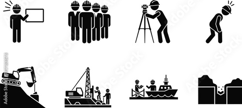 Construction and engineering worker silhouette icon set, surveyor drilling mining offshore industry safety helmet labor vector illustration collection design