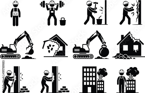 Construction demolition and building work icons set, worker machinery destruction silhouette collection, engineering industrial vector pictogram illustration design bundle