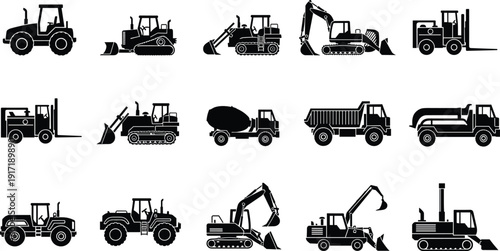 Construction heavy machinery silhouette icon set excavator bulldozer tractor dump truck cement mixer forklift industrial vehicle vector illustration collection pack