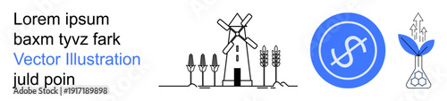 Renewable energy, sustainable agriculture, economic growth, financial investment, eco-business, modern farming. Black windmill with plants, blue dollar sign symbol, growth plant with arrows