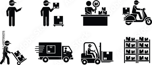 Delivery service and warehouse logistics worker silhouette icon set, courier shipping transport forklift storage distribution vector isolated illustration collection pack