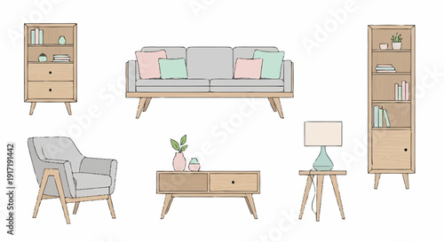 Modern furniture illustration featuring sofa, chair, tables, and bookshelves in a minimalist living room setting from a straightforward viewpoint
