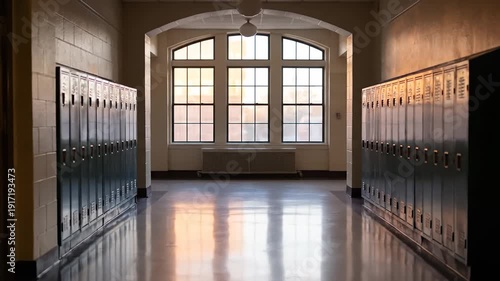 Empty School Hallway Bathed in Warm Sunset Light with Lockers Greet.