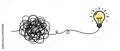 Conceptual hand drawn doodle of tangled thread transforming into glowing light bulb