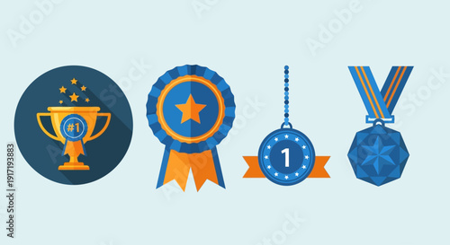 Collection of award icons including trophy, certificate, medal, and ribbon, symbolizing achievement and recognition, in a modern flat design style