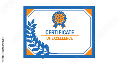 A blue and orange certificate of excellence with a laurel wreath and ribbon, symbolizing achievement and recognition