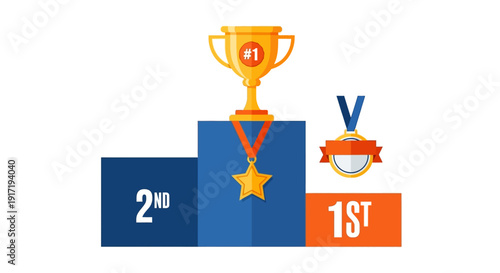 Awards and medals on podium, symbolizing achievement and competition