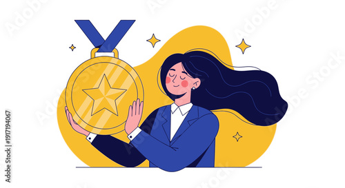 A young businesswoman proudly holding a gold medal with a star emblem, surrounded by sparkling stars and a vibrant yellow background from a front viewpoint.