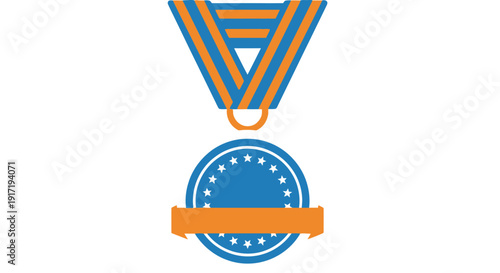 A stylized medal with blue and orange geometric shapes and a circular emblem featuring stars is centered on a clean background
