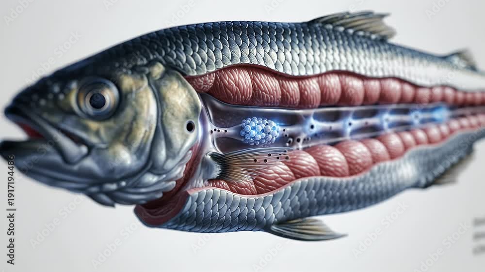 Detailed cutaway illustration of a fish showcasing its internal anatomy ...