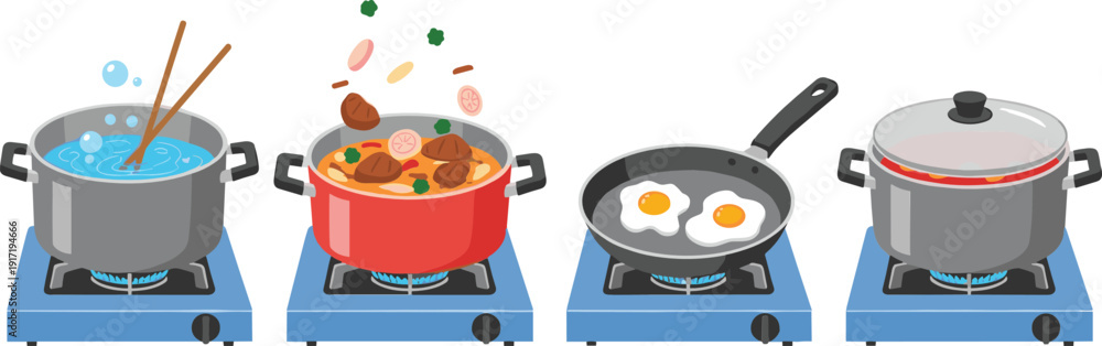 Εκτύπωση καμβά Cooking on Gas Stove Set Boiling Water Soup Frying Eggs and Simmering Pot Vector