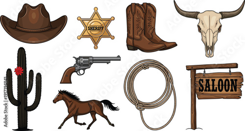 Colorful Wild West illustration featuring cowboy hat, sheriff badge, boots, cow skull, cactus, revolver, galloping horse, lasso, and saloon sign symbolizing frontier culture and western heritage