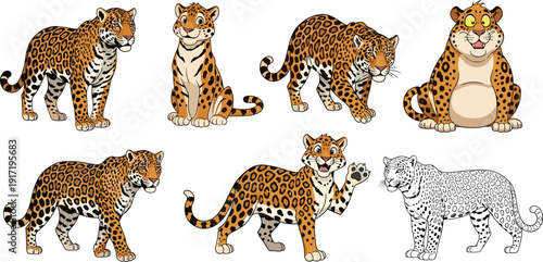 Leopard character collection in different poses including cartoon and outline styles isolated on white background
