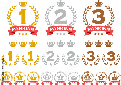 Ranking emblem icon set Gold Silver Bronze Crown Laurel wreath Ribbon Star Numbers 1st 2nd 3rd
