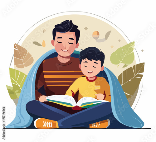 Father Reading Book With Son – Family Bonding Educational Vector Illustration