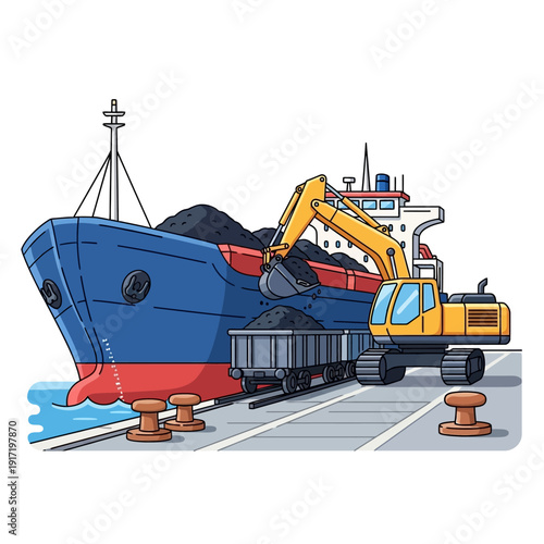 Excavator loading coal onto a cargo ship at a port.