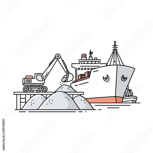 Industrial port scene with excavator loading bulk cargo onto a large ship.