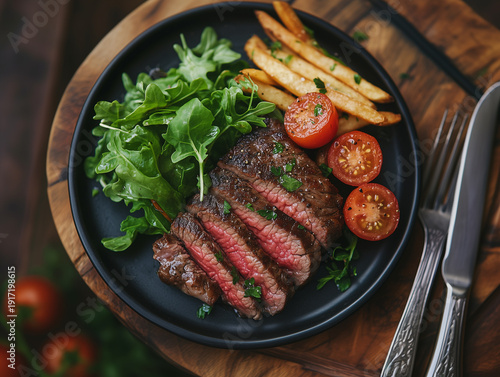 Top view of sliced medium rare flank steak with french fries and vegetables in black plate on wooden cutting board with silver fork and knife.