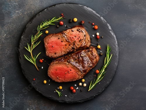 Top view of medium rare Angus Australia beef with black pepper and rosemary in black stone circle plate on table.