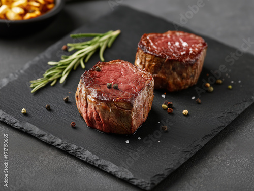 Well done Angus Australia beef cut into cubes with black pepper and rosemary in black stone plate on table.