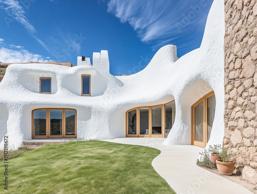 White modern house with front grass and wooden window and door frame, curved entrance footpath to the house on blue sky background.