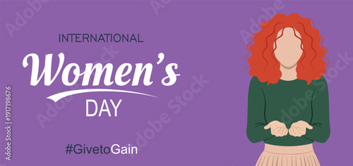 Flat vector banner for International Women's Day featuring a woman with red hair and cupped hands gesture on a purple background representing the global give to gain campaign for female empowerment.