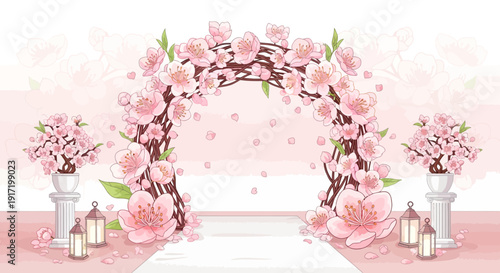 A beautiful spring illustration of blooming pink cherry blossom branches in a floral vase featuring a decorative sakura pattern for a seasonal garden nature design