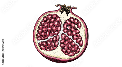 Fresh Pomegranate Fruit Half Cut Open Showing Arils and Seeds, Isolated