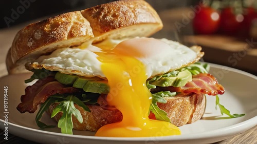 Delicious sandwich with egg bacon and avocado on plate