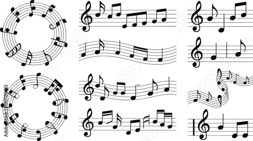 Black and white musical notes in circular and linear arrangements