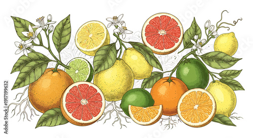 Vibrant Citrus Fruit Assortment with Leaves and Blossoms