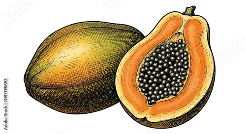 Whole and Halved Papaya Fruit Illustration with Seeds on White Background