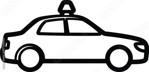 A simple black and white line drawing illustration of a classic sedan car with a taxi sign on top