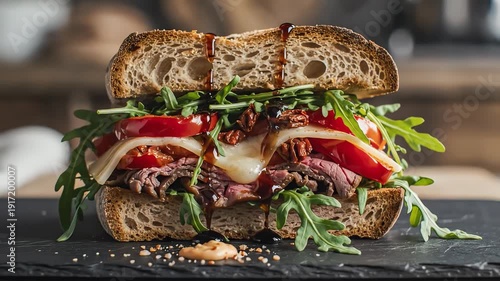 Gourmet sandwich with fresh ingredients and sauce close up