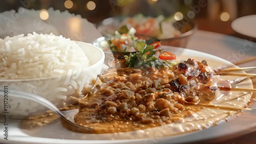 Gourmet dish presentation on a plate with rice and meat