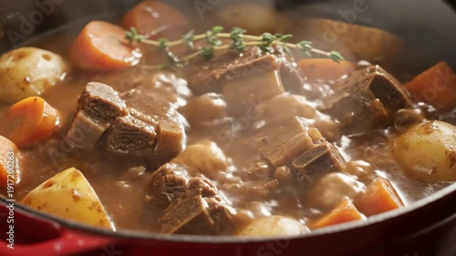 Hearty beef stew with vegetables steaming in a pot culinary cuisine