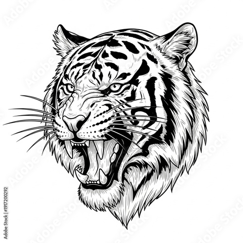 Angry Right-Profile Bengal Tiger Sketch with Sharp Fangs and Detailed Fur for Mascot Concepts