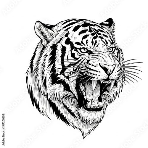 Powerful Left-Facing Snarling Tiger Head Line Art Graphic for Bold Branding and Edgy Prints