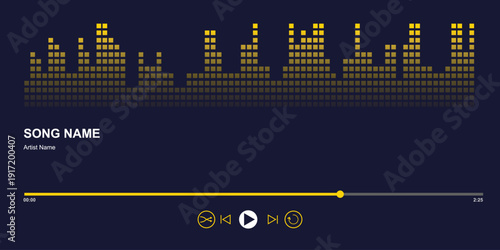 Music player interface with yellow sound wave equalizer and playback control buttons for audio application and podcast streaming design.